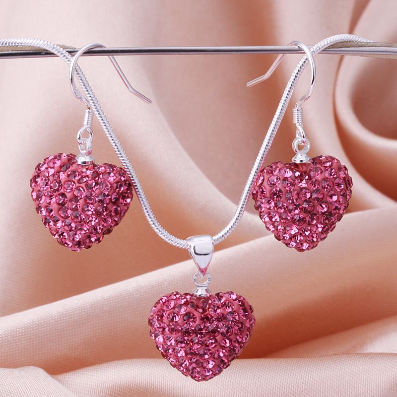 Shamballa CZ Crystal Heart Beads Pendant Chain Necklace&Earrings