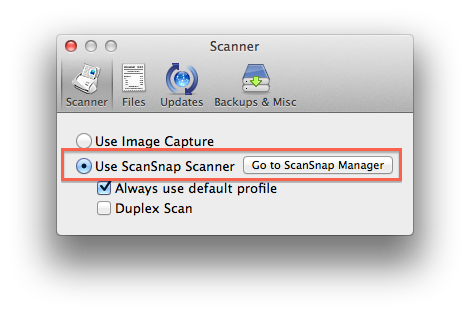 Screenshot showing the "Use ScanSnap scanner" setting in Paperless preferences