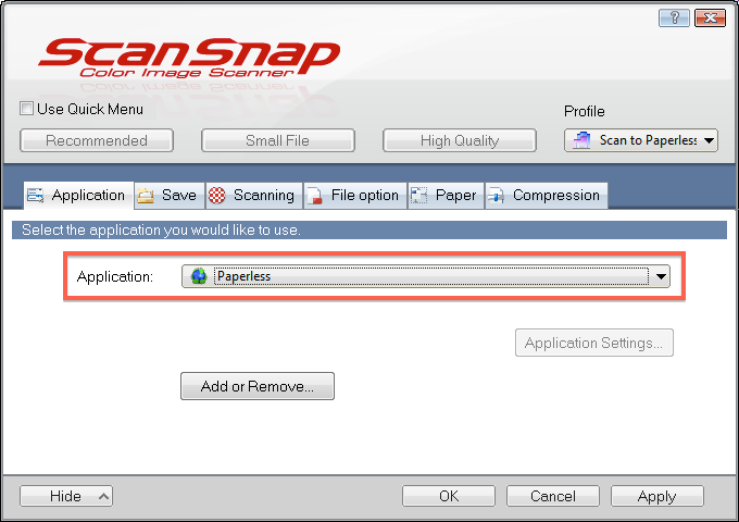 Paperless selected in the Application section of ScanSnap Manager settings
