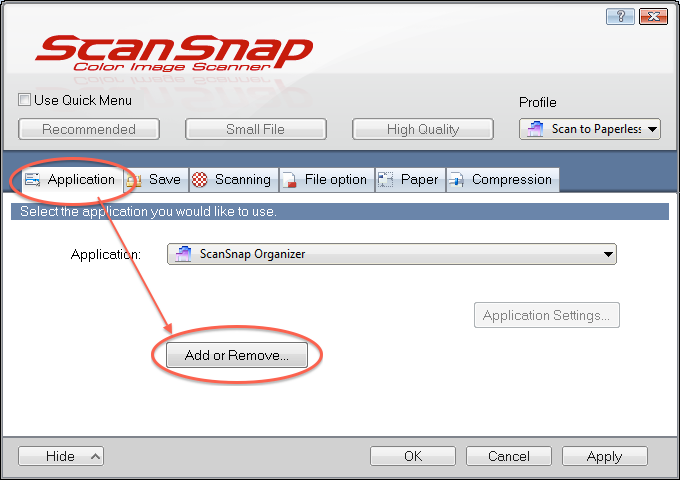 Under the application section of ScanSnap Manager settings, select "Browse"