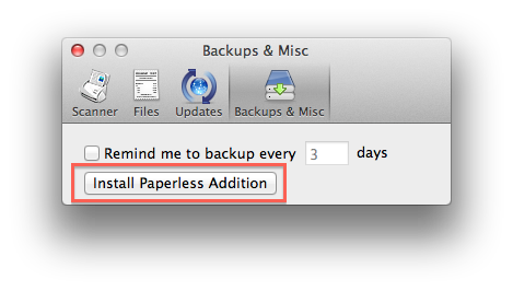 Screenshot of the "Install Paperless Addition" button in Paperless preferences