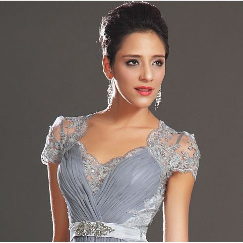 Silver Elegant Lace Capsleeve Chiffon Formal Prom Evening Dress size 14 eBay