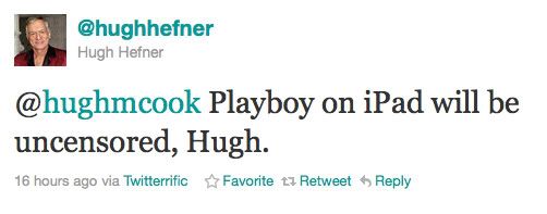 Hefner announces on Twitter that playboy will be uncensored on iPad in March