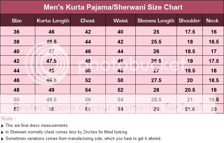 Kurta Pyjama Size Chart